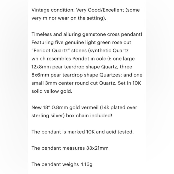 10K Peridot Quartz rose teardrop light green yellow gold Christian cross pendant - Picture 12 of 12